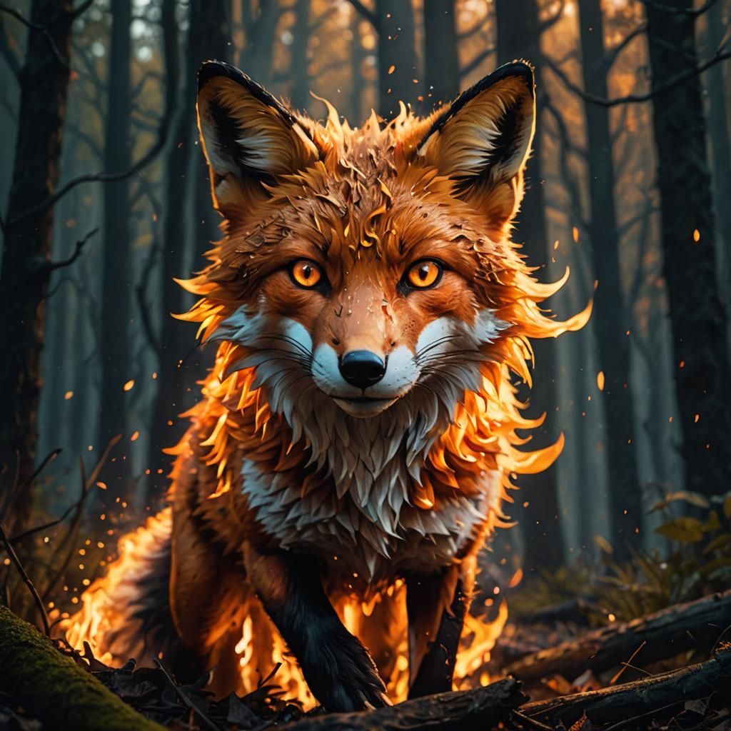Flame Fox Dances Through Dark Forest