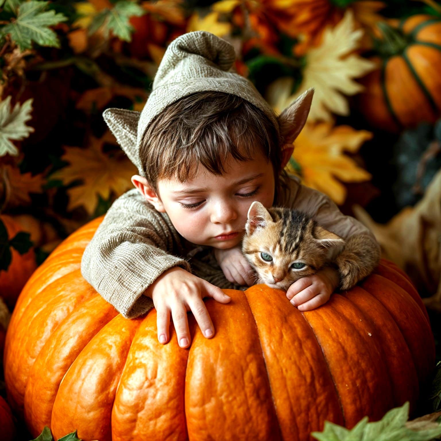 Baby Elf Sleeps on Pumpkin with Kitten in Hyperrealistic Aut...