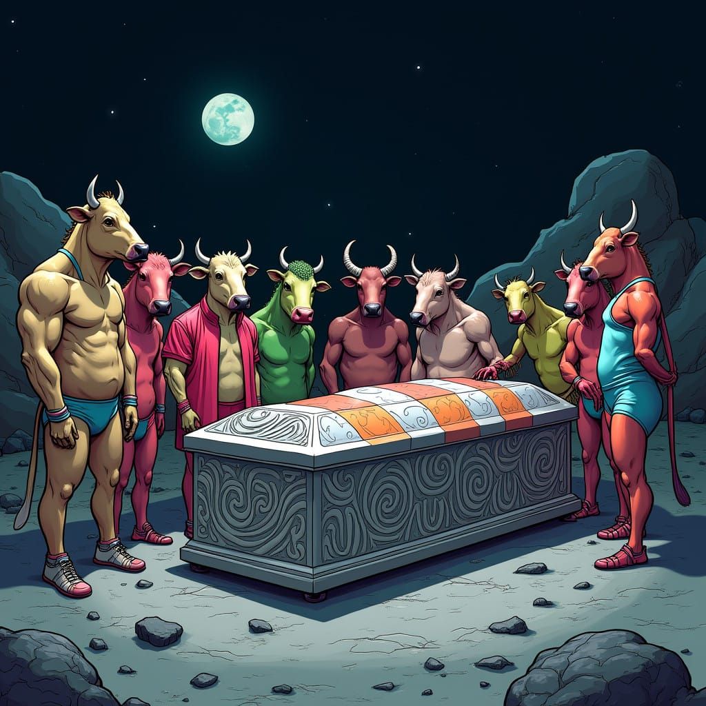 Solemn Lunar Farewell in Vibrant Speedos