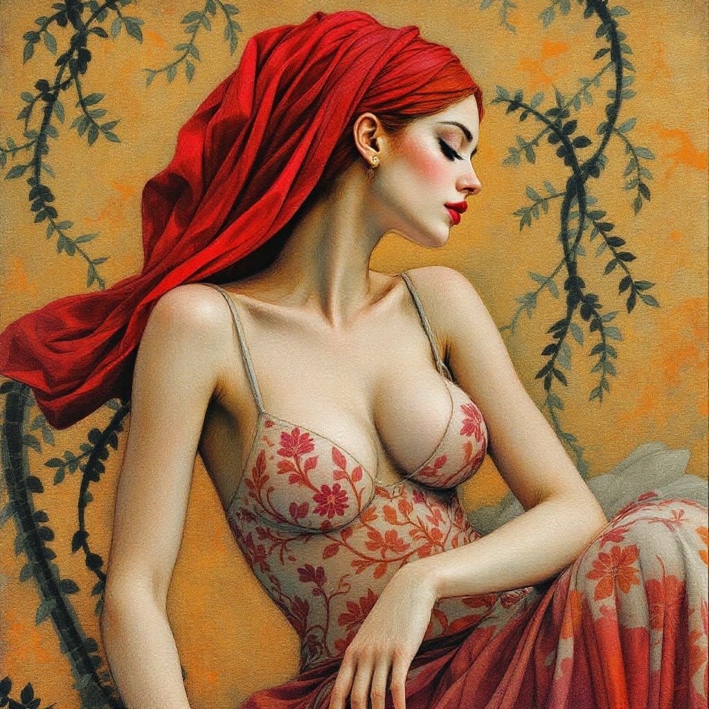 Silk Embroidered Greek Goddess in Art Deco Style