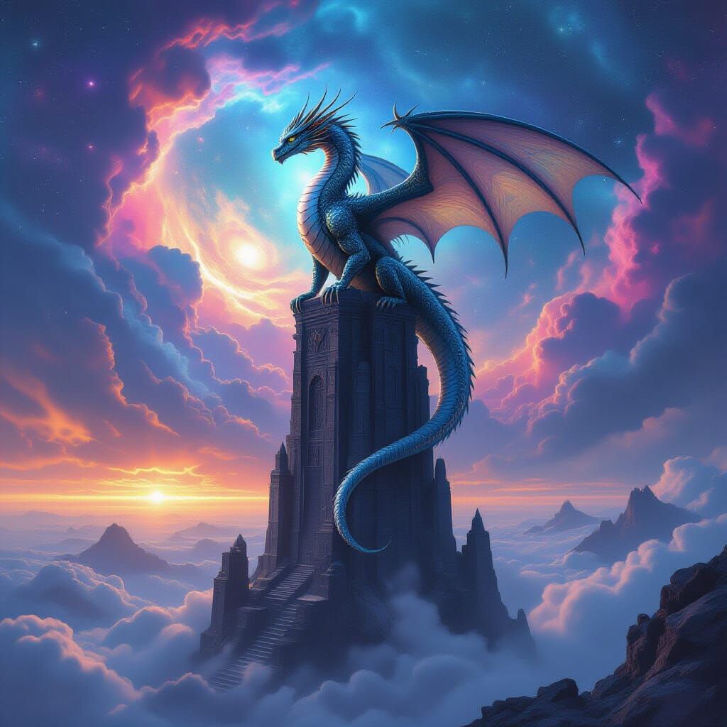Ancient Dragon on Obsidian Tower in Nebula Sky