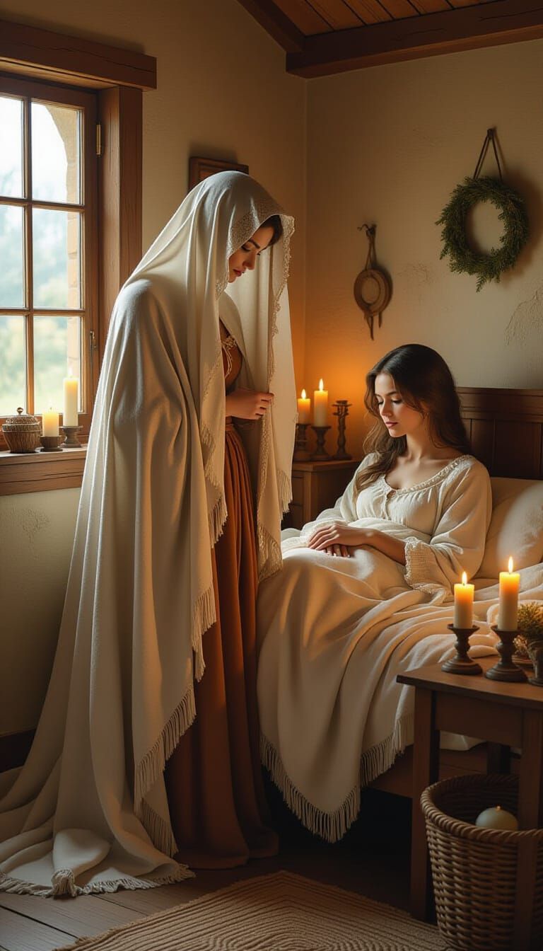 Ethereal Midwife Ghost in Earthy, Mystical Style