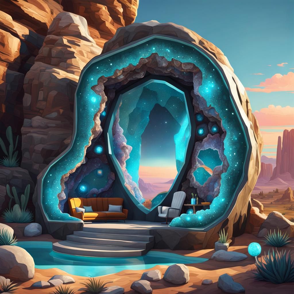 Turquoise Geode Home with Sunset View in Hypermodern Style