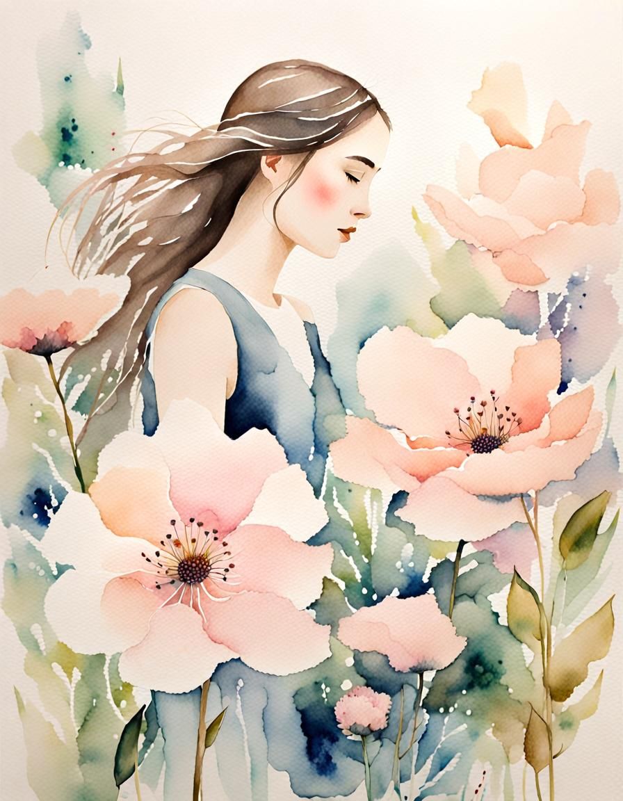 Watercolor Girl Blended with Floral Elements