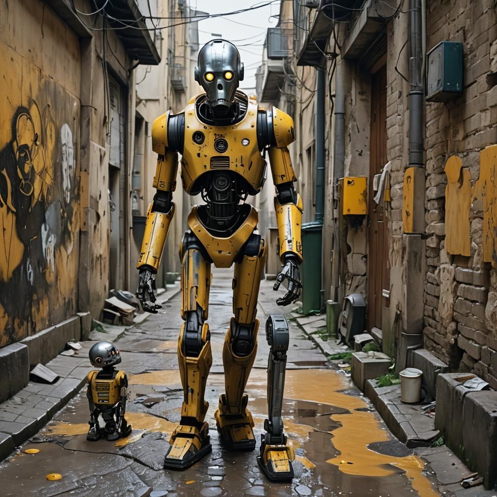 Depressed Robot and Beggar in Grimy Alleyway