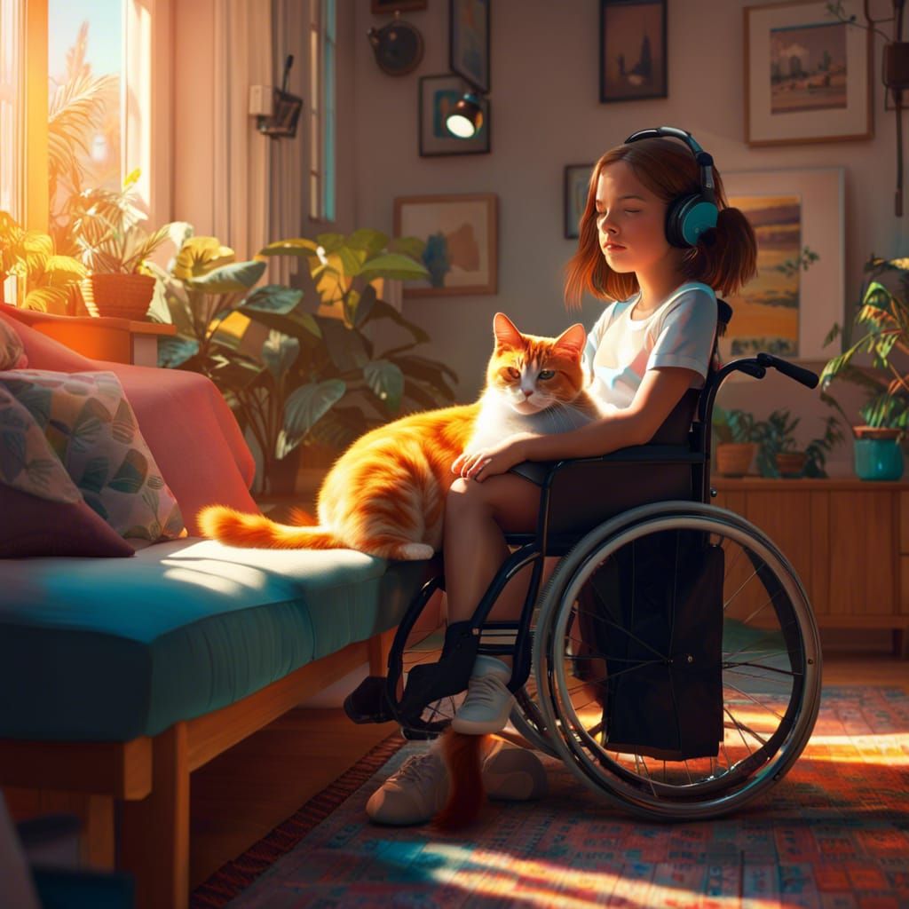 Woman in Wheelchair with Cat, Digital Art