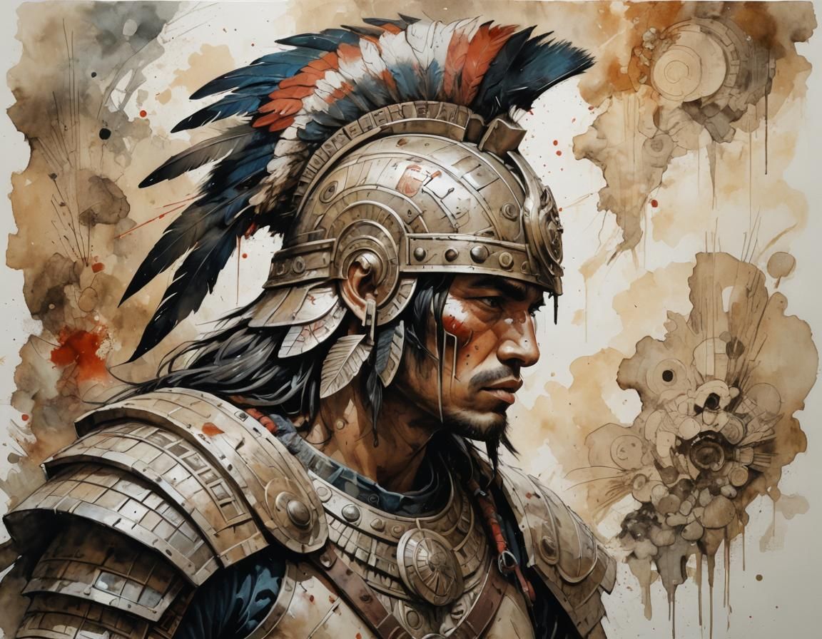 Warrior Portrait in Aztec and Greek Bas Relief