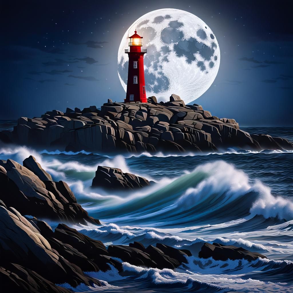 Moonlit Lighthouse Seascape in Vivid Detail