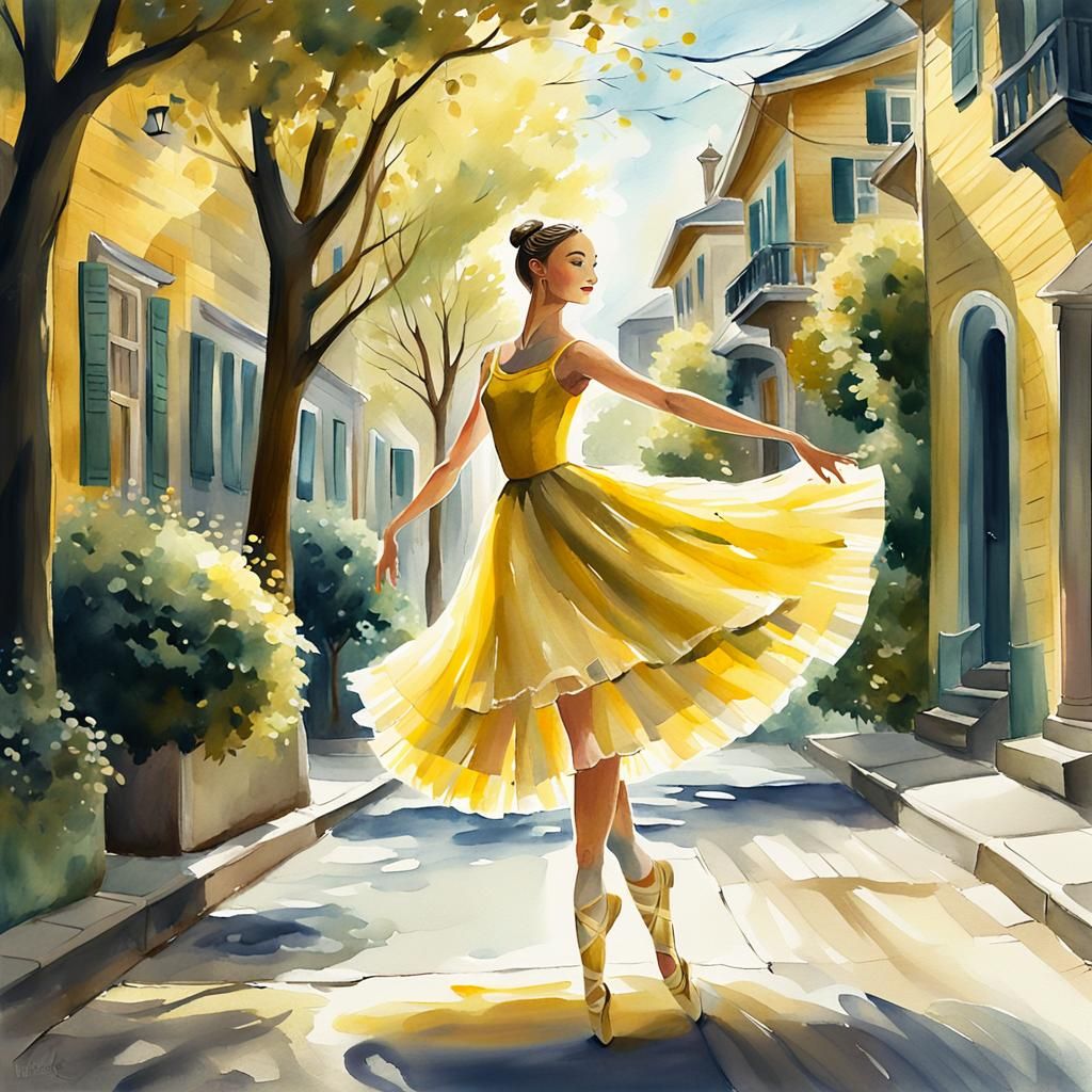 Ballerina in Yellow Dress: Watercolor Digital Painting