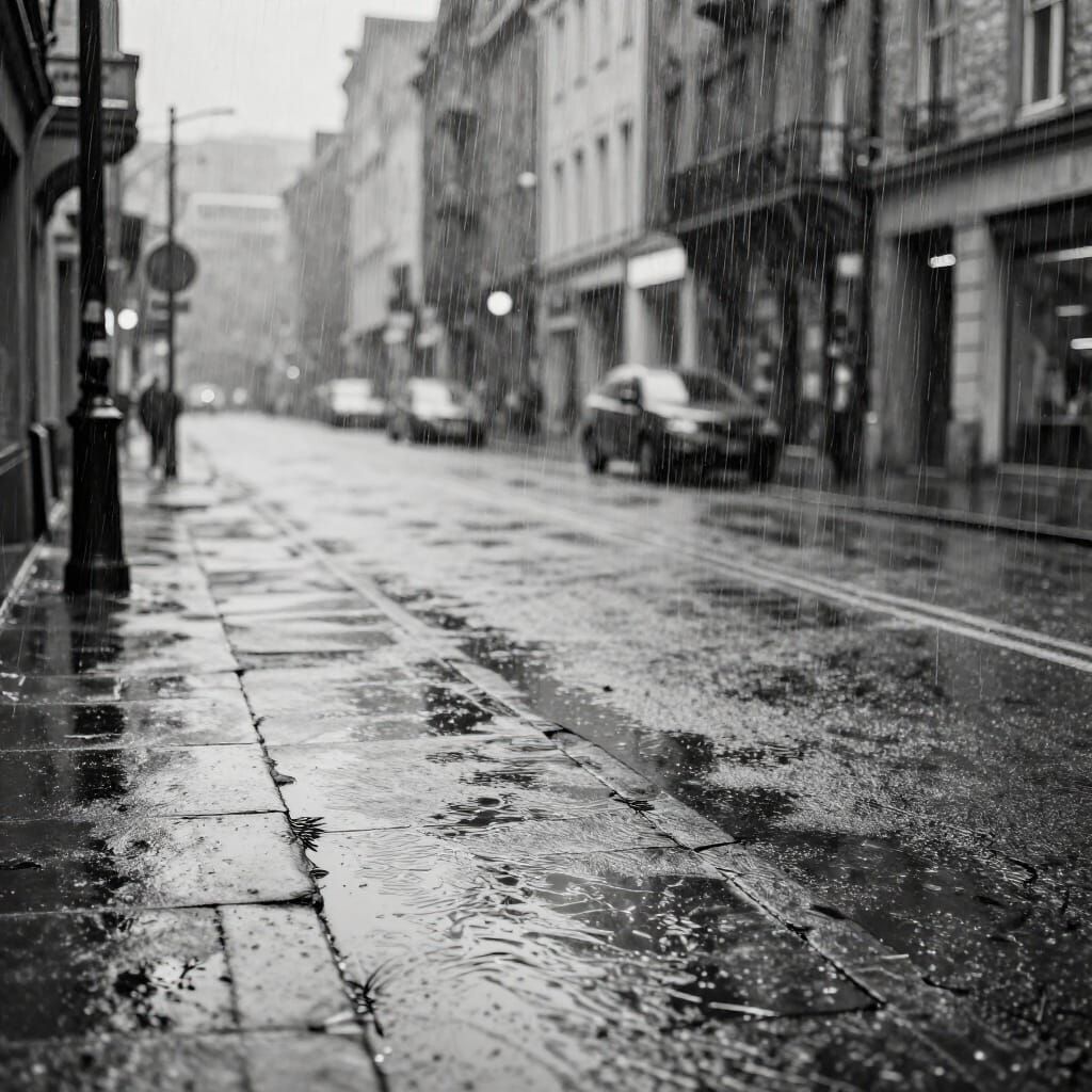 Urban Street After Rain in Graphite Sketch Style