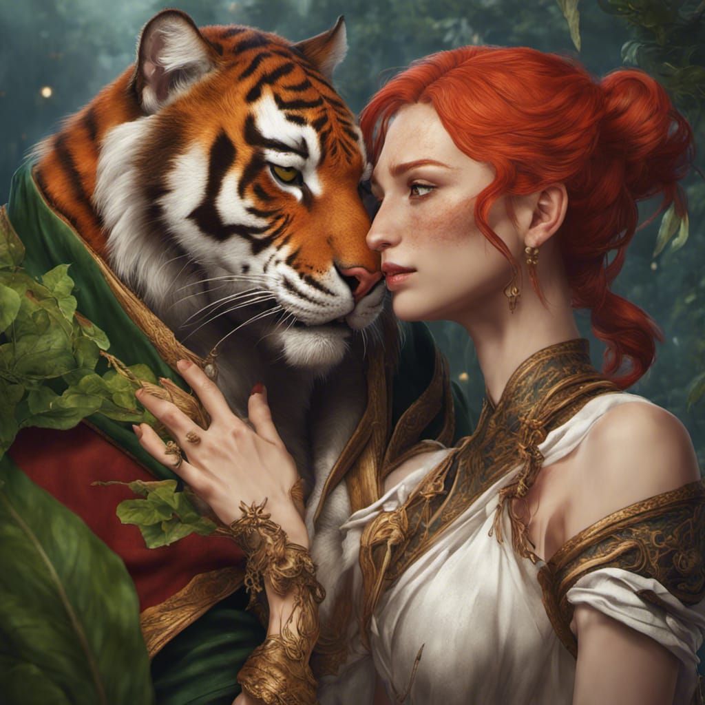 Tiger Tabaxi and Wood Elf Kiss: Fantasy Art
