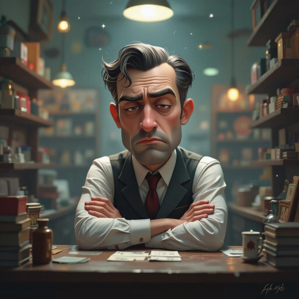 Indifferent Salesman with Hidden Allure in Dimly Lit Store