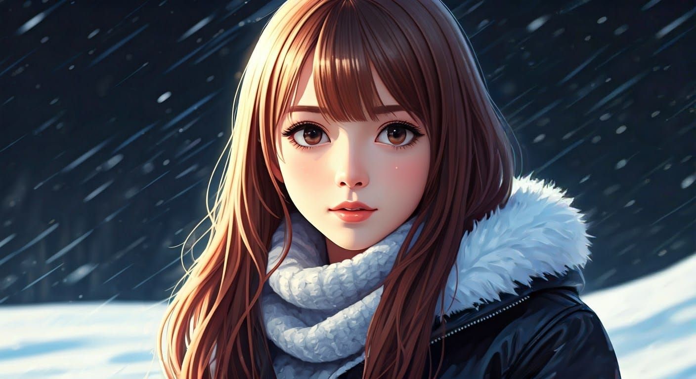 Anime Girl in Winter Landscape as Impasto Painting