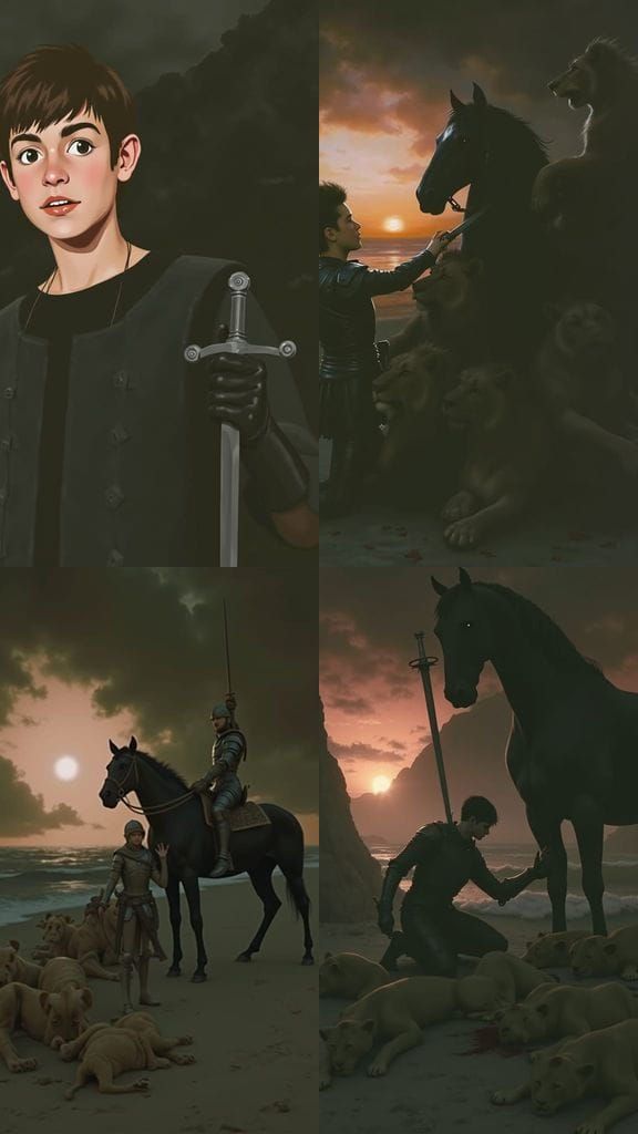 Knight Kneeling on Stormy Beach at Sunrise with Horse