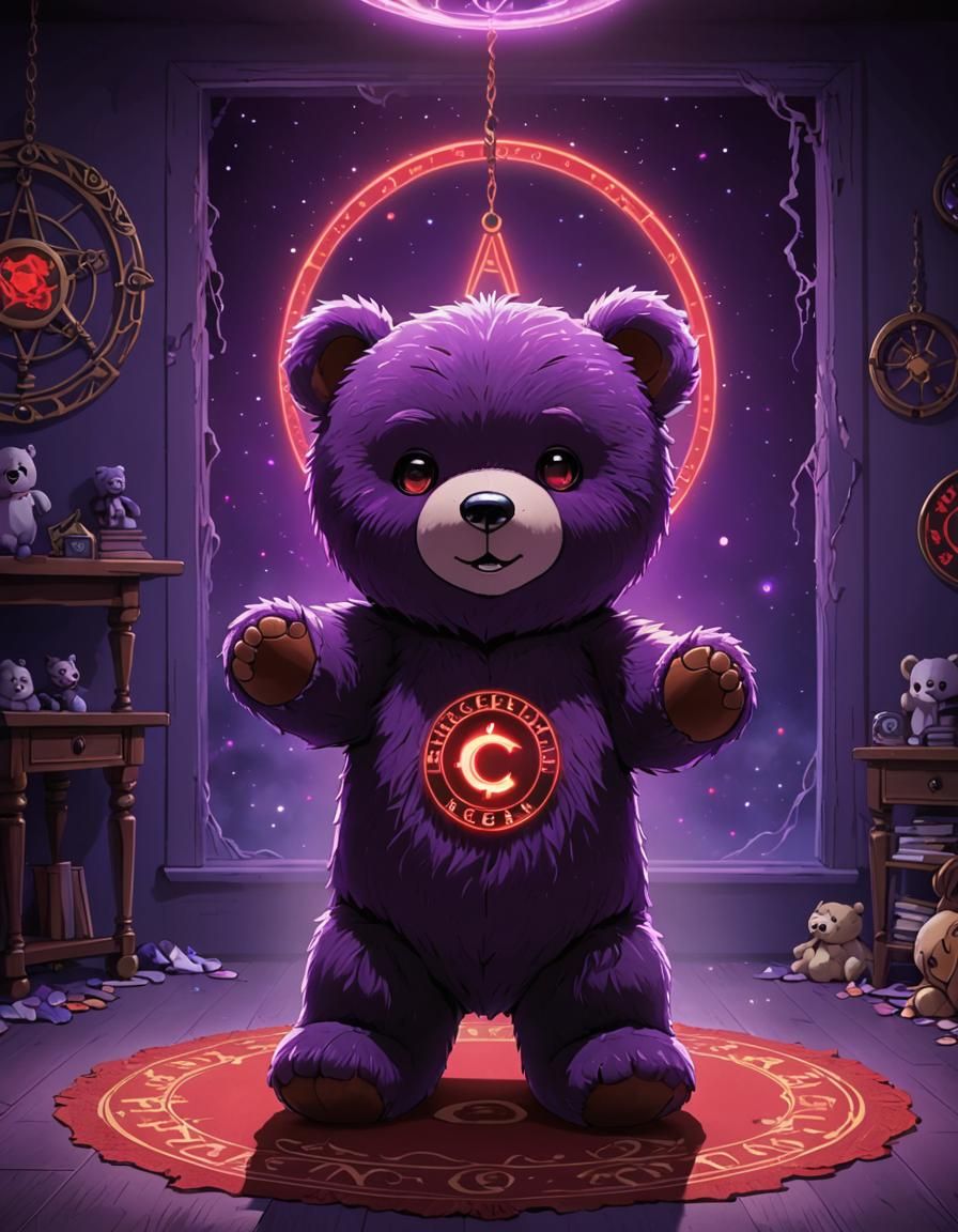Scary Teddy Bear with Glowing Eyes in Anime Style