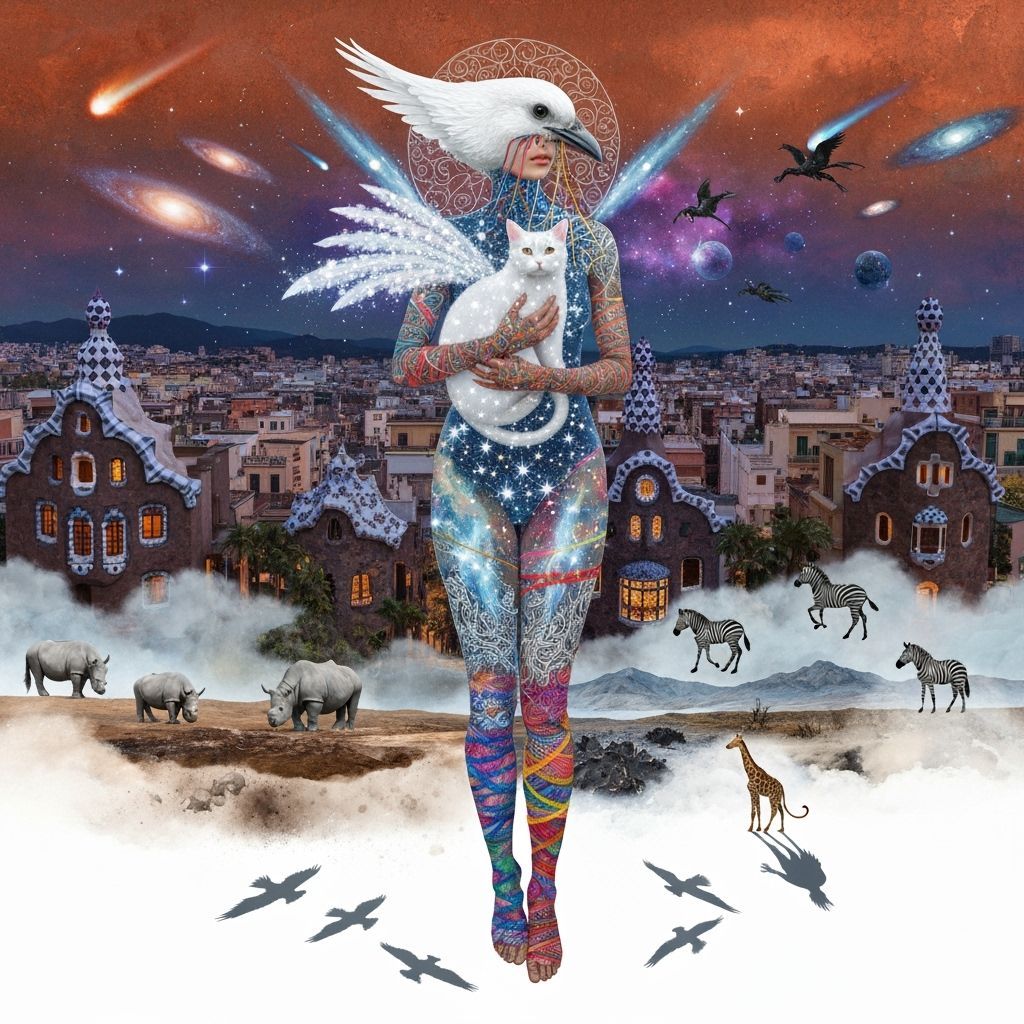 Ethereal Bird-Headed Woman in Gaudí's Cityscape