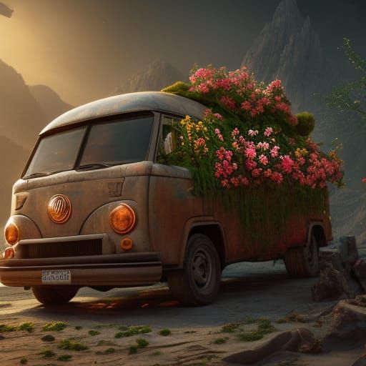 Lost Van with Flowers: Detailed Matte Painting