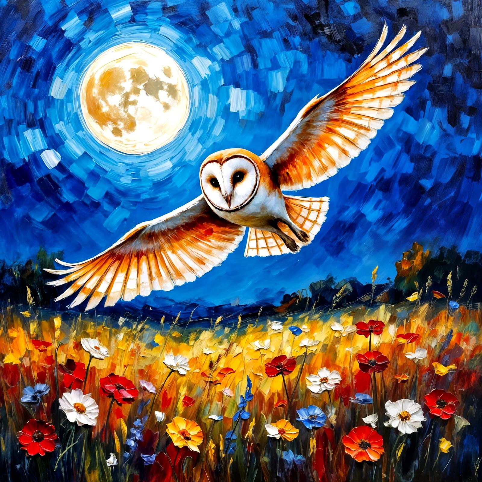 Barn Owl Over Moonlit Meadow Impasto Painting