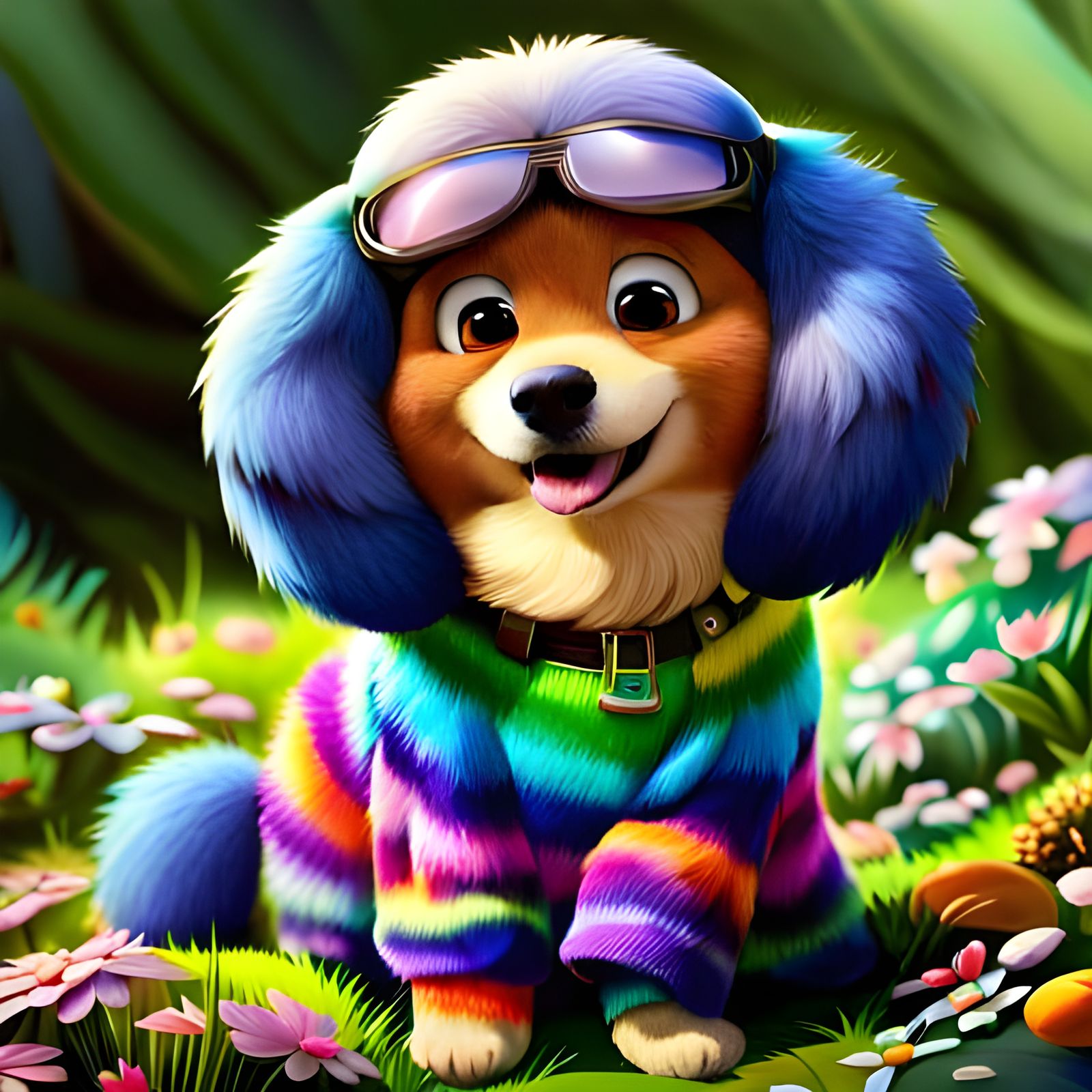 Cute Rainbow Fur Dog in Pixar Style