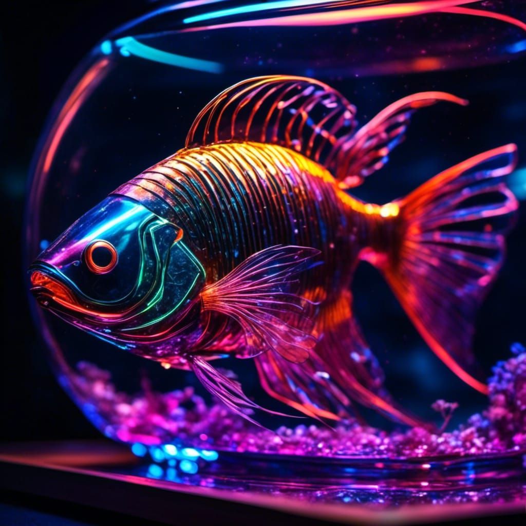 Cyberpunk Robotic Pet Fish in Neon Lit Tank