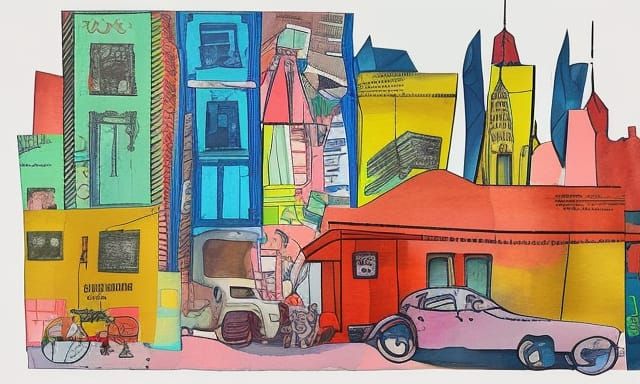 Colorful City Collage in Mixed Media