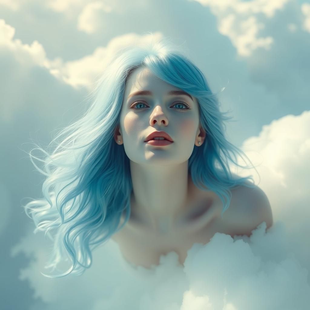 Ethereal Woman Floating on Cloud in Dramatic Lighting