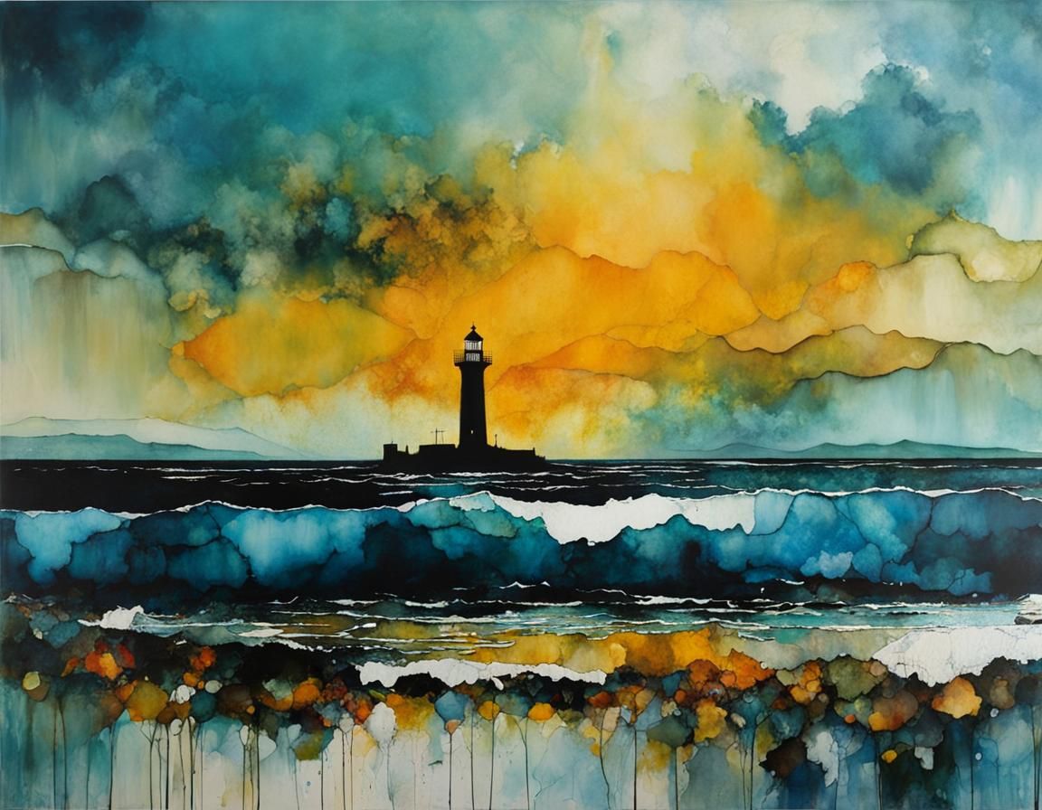 Seascape in Shifting Colors: Encaustic Alcohol Ink Painting