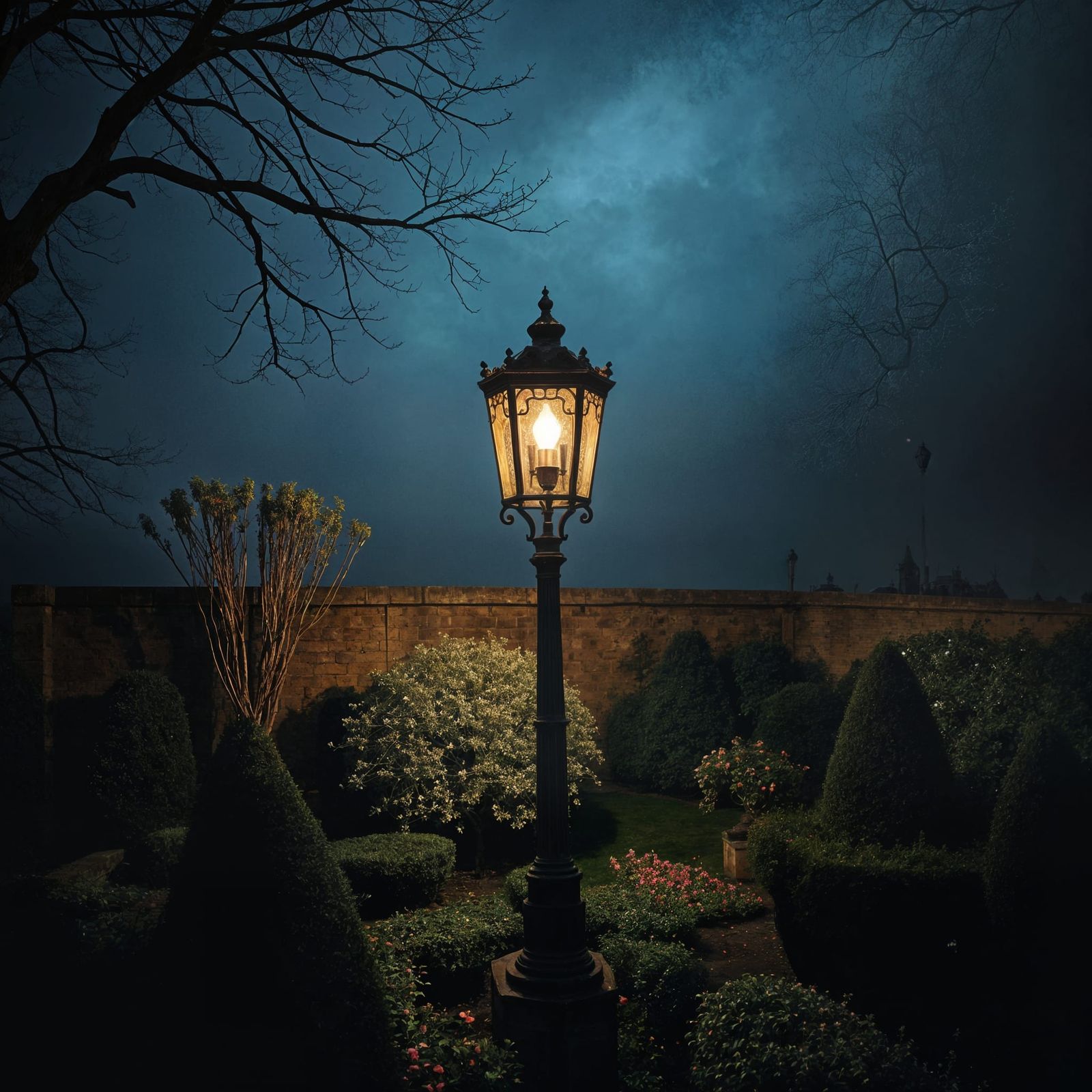 Ornate Lamppost in Foggy Garden, Classical Painting