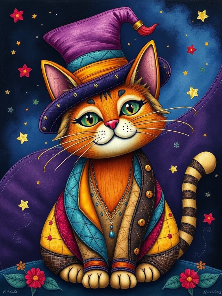 Magical Quilted Cat in Fancy Hat: Folk Art