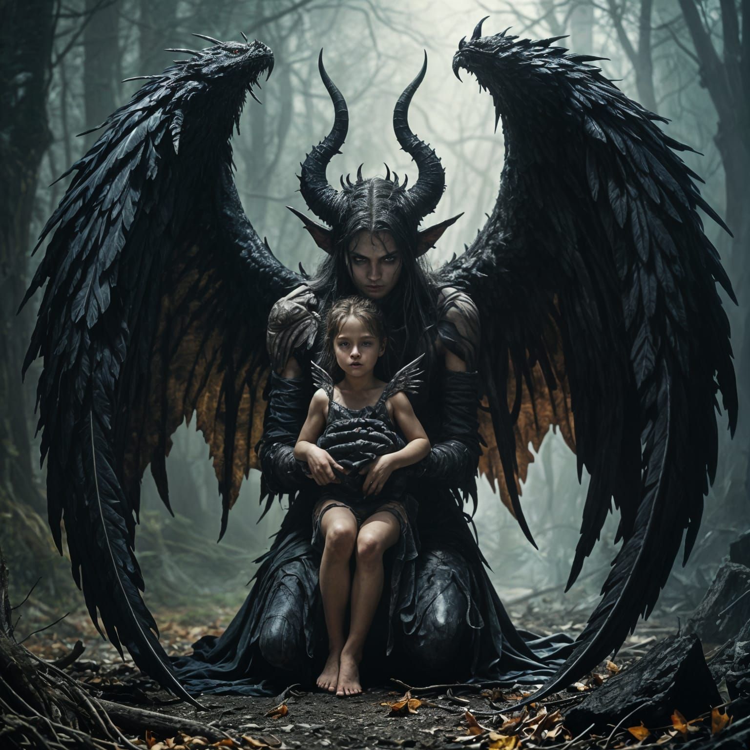 Half Angel Half Demon with Child: Fantasy Art