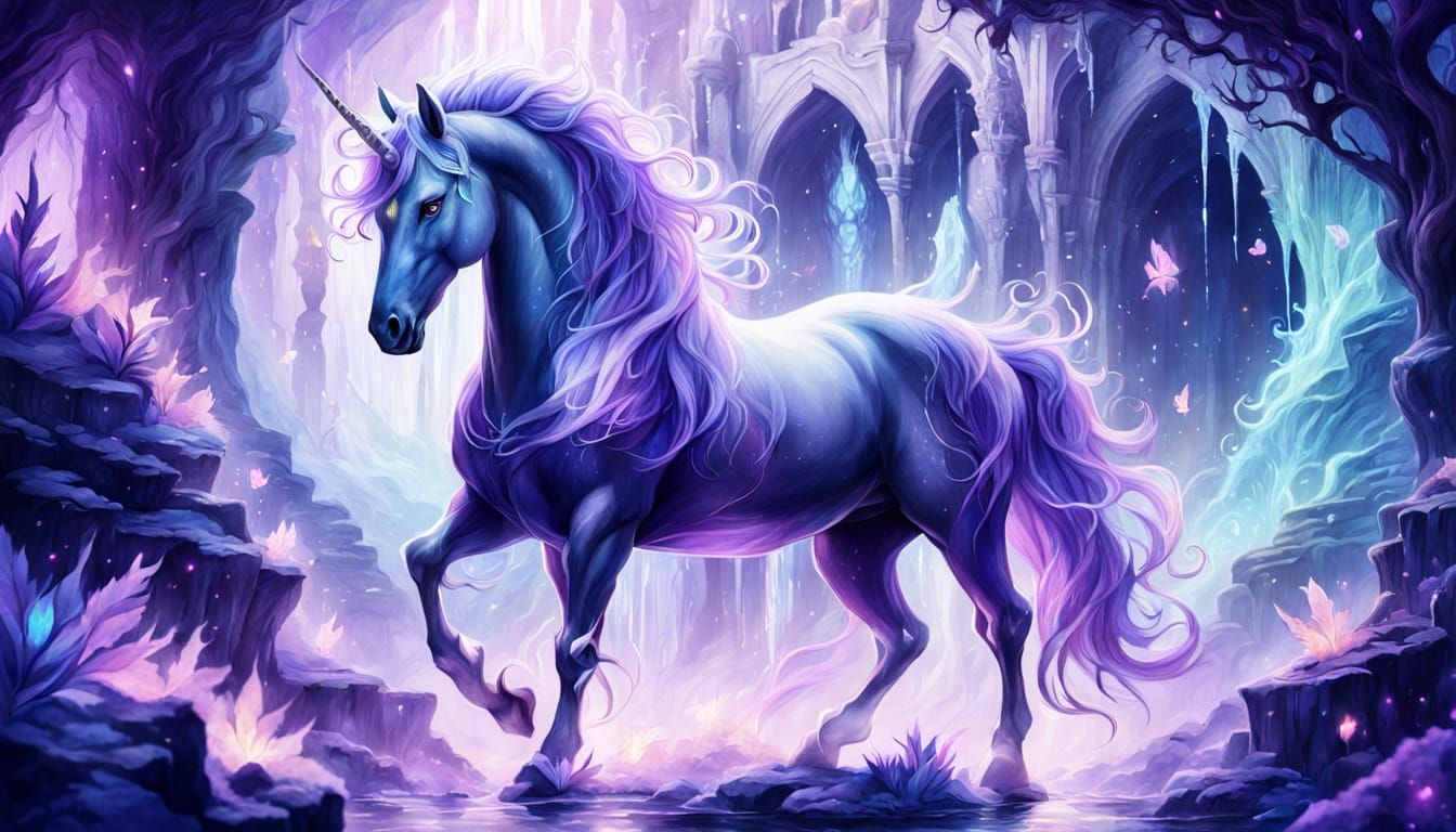 Unicorn in Grotto: Dark Fantasy Illustration