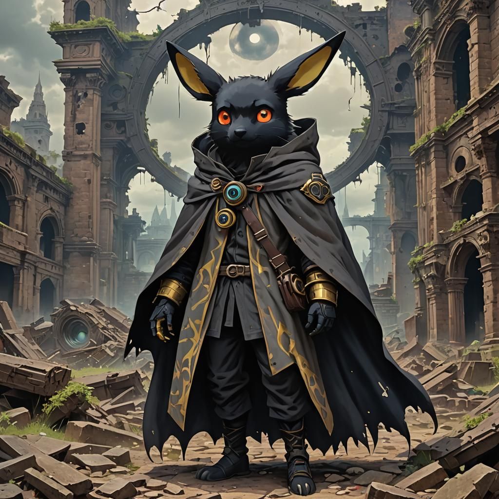 Cyberpunk Wanderer and Luminescent Companion in Ruins