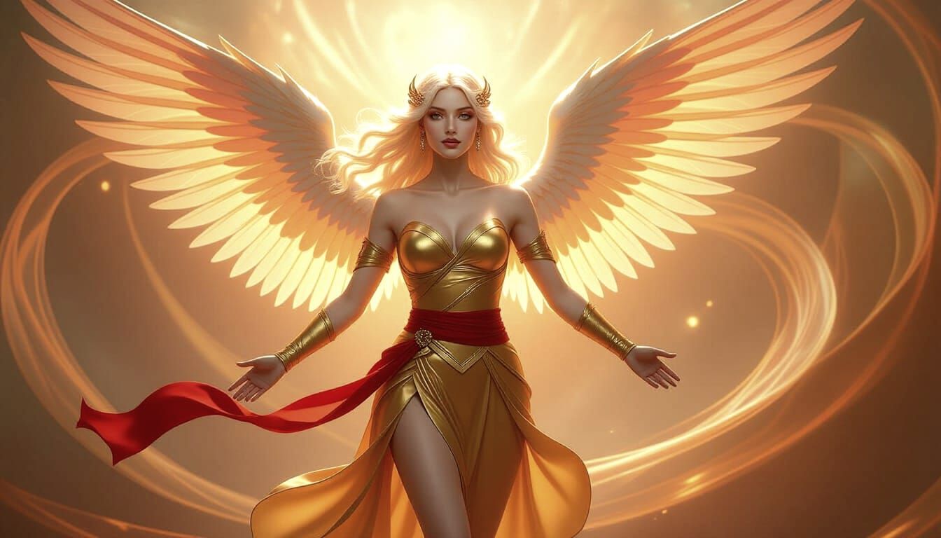 Majestic Angel in Golden Robes with Swirling Light