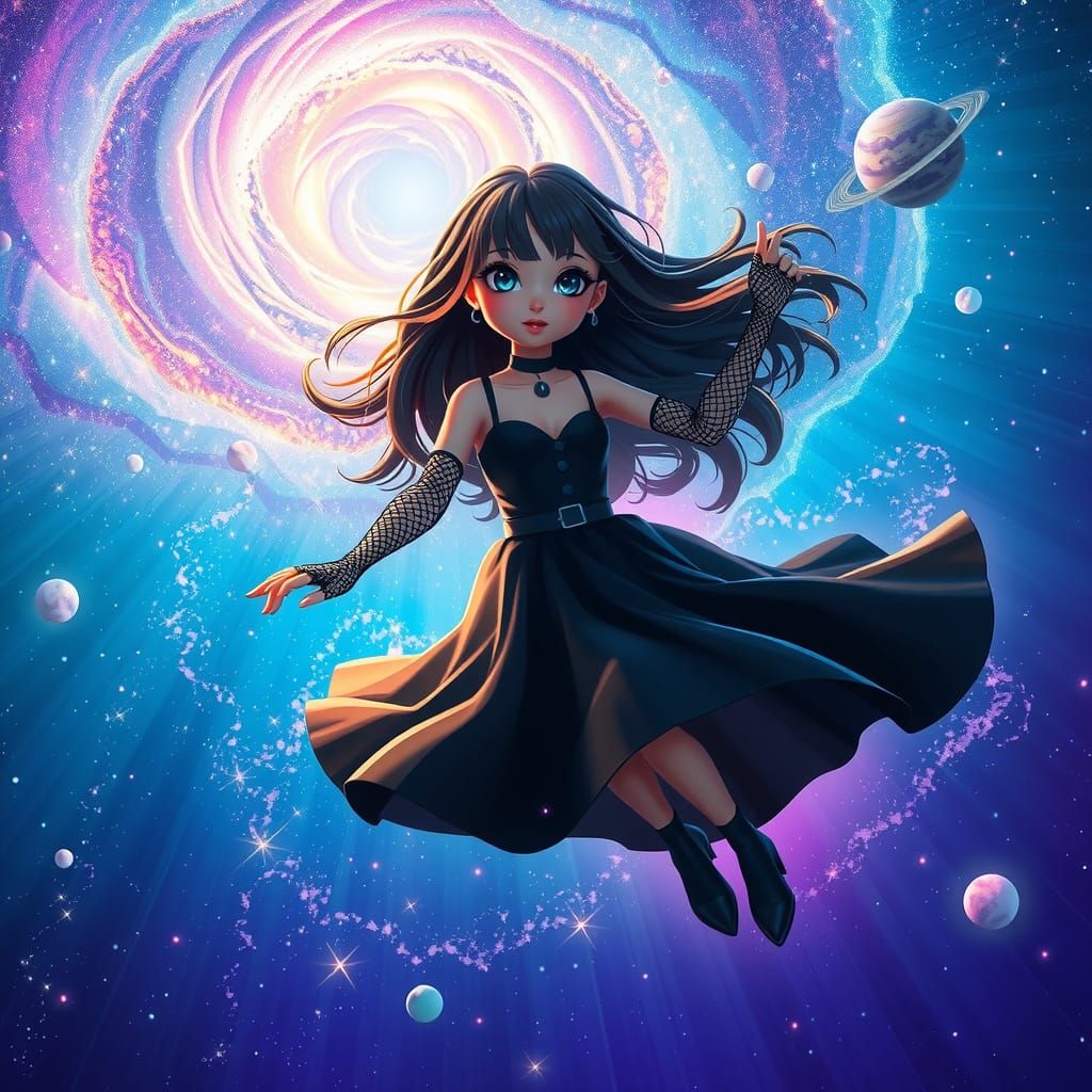 Goth Goddess Soars Through Vibrant Milky Way Cosmos