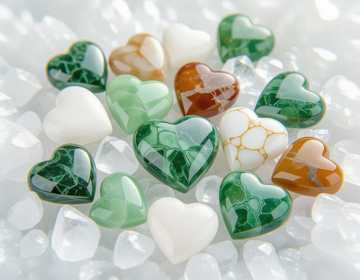 Heart-Shaped Gemstones on Crystalline Surface