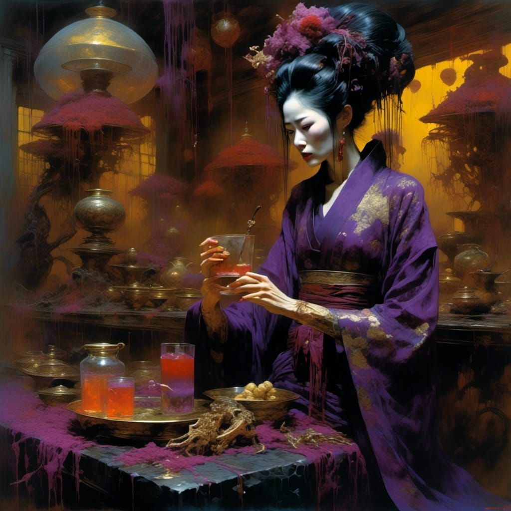 Geisha Serving Drinks in Horror Bar