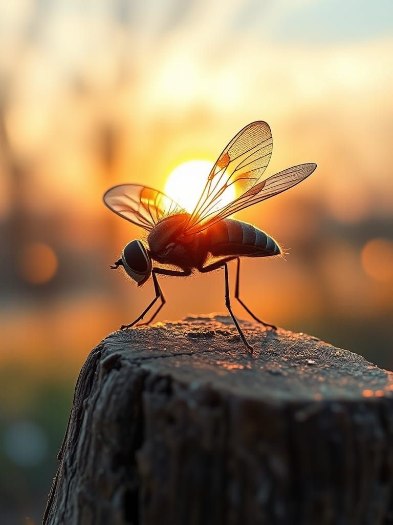 Fly Spreads Wings on Stump: Watercolor Painting