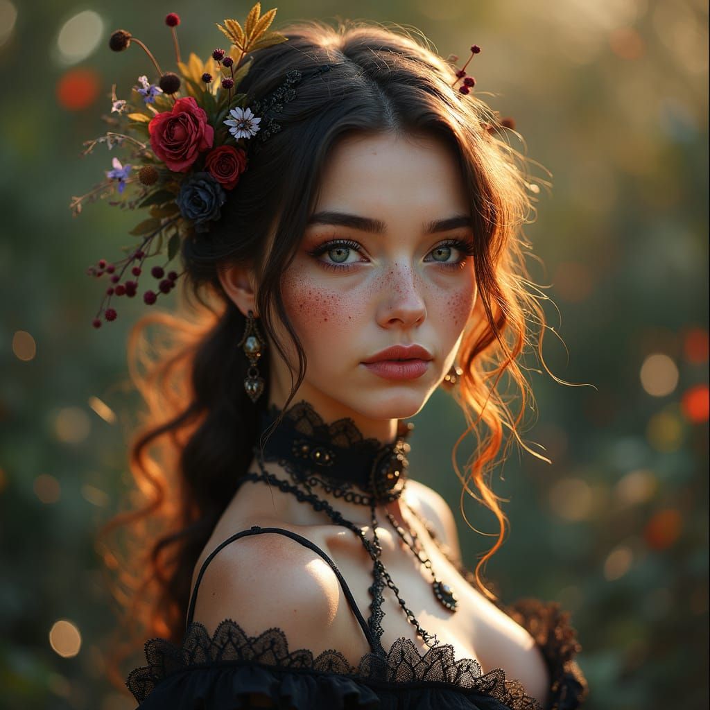 Brunette Woman in Steampunk Attire with Ethereal Aura