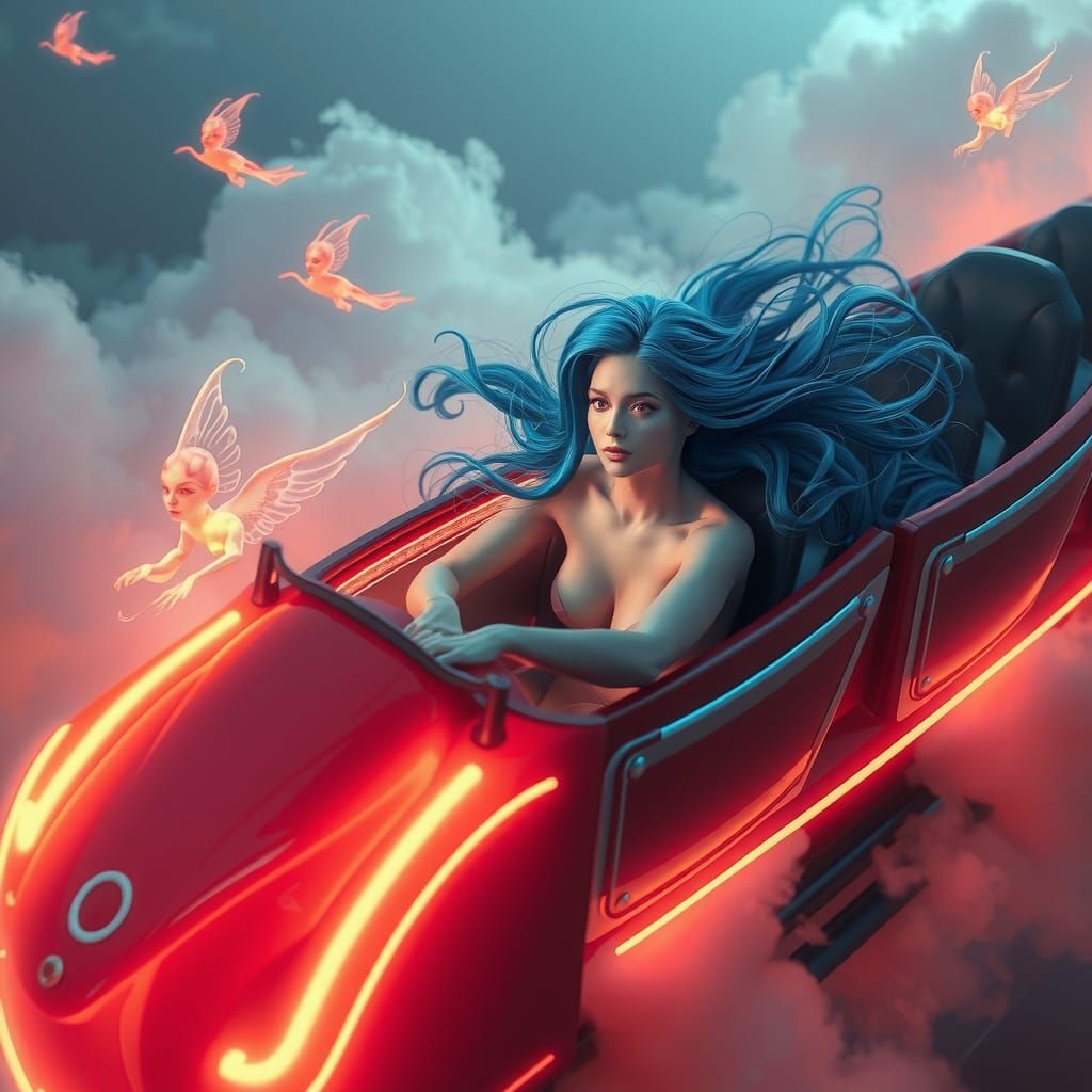 Surreal Woman on Neon Rollercoaster in Dreamlike Style