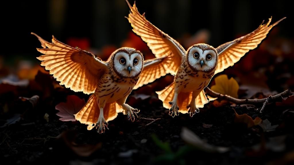 Tawny Owls Fly in Autumn Sunset: Hyperrealistic