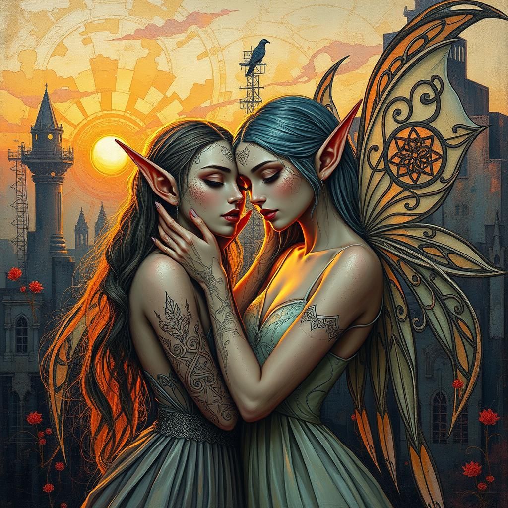 Ethereal Elves Embrace in Dystopian Art Deco Landscape