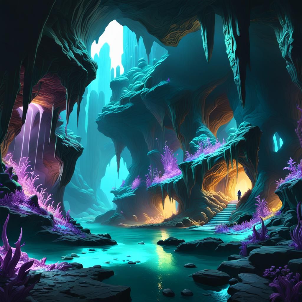 Dark Fantasy Cave with Bioluminescent Details