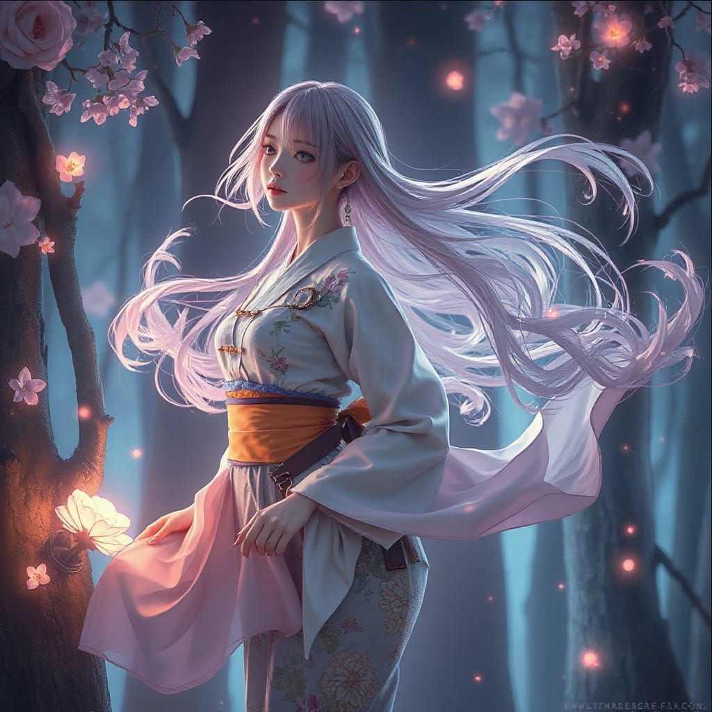 Ethereal Woman in Mystical Forest, Anime Dark Fantasy Style