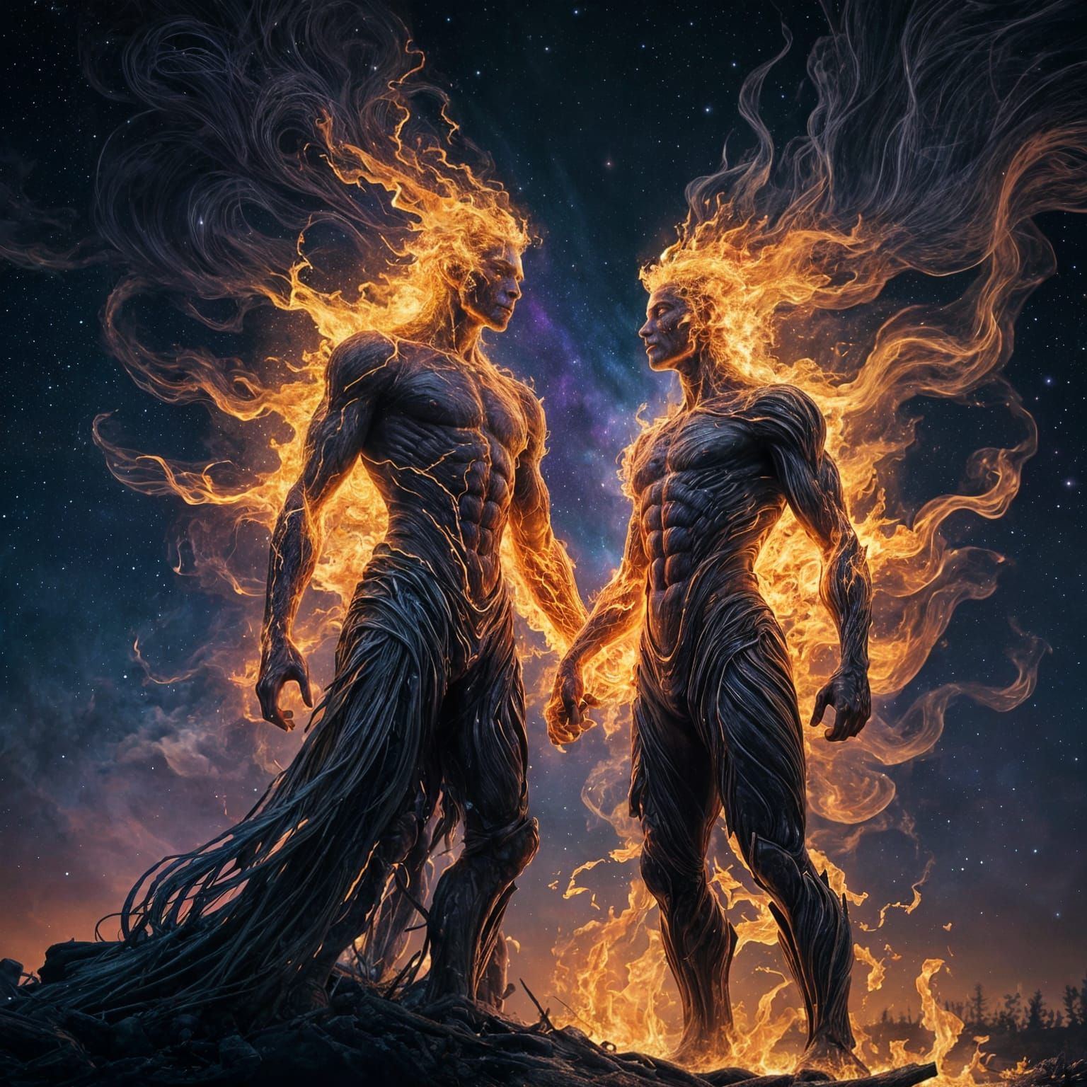 Fiery Embracing Figures Rise from Bonfire