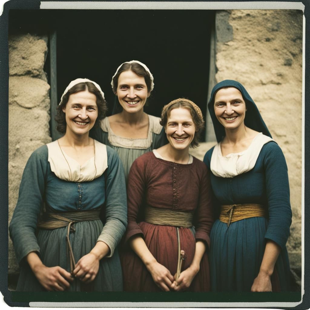 Medieval Peasant Women in Color Polaroid Photo