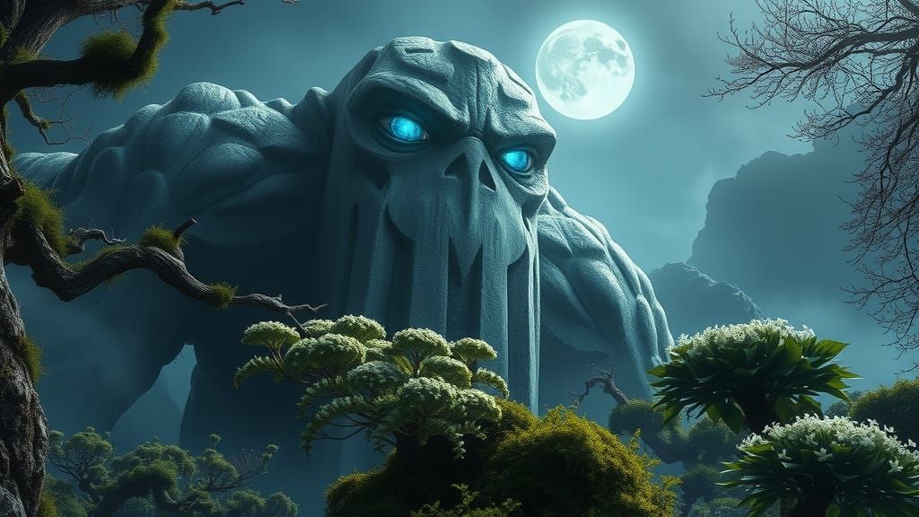 Ancient Stone Giant Guards Moonlit Valley in Epic Fantasy Ar...