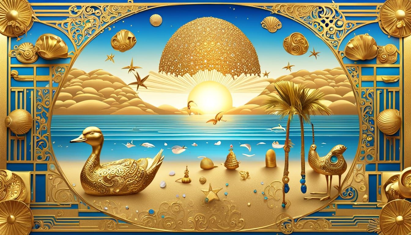 Tutankhamun's Beach Holiday in Art Nouveau Style