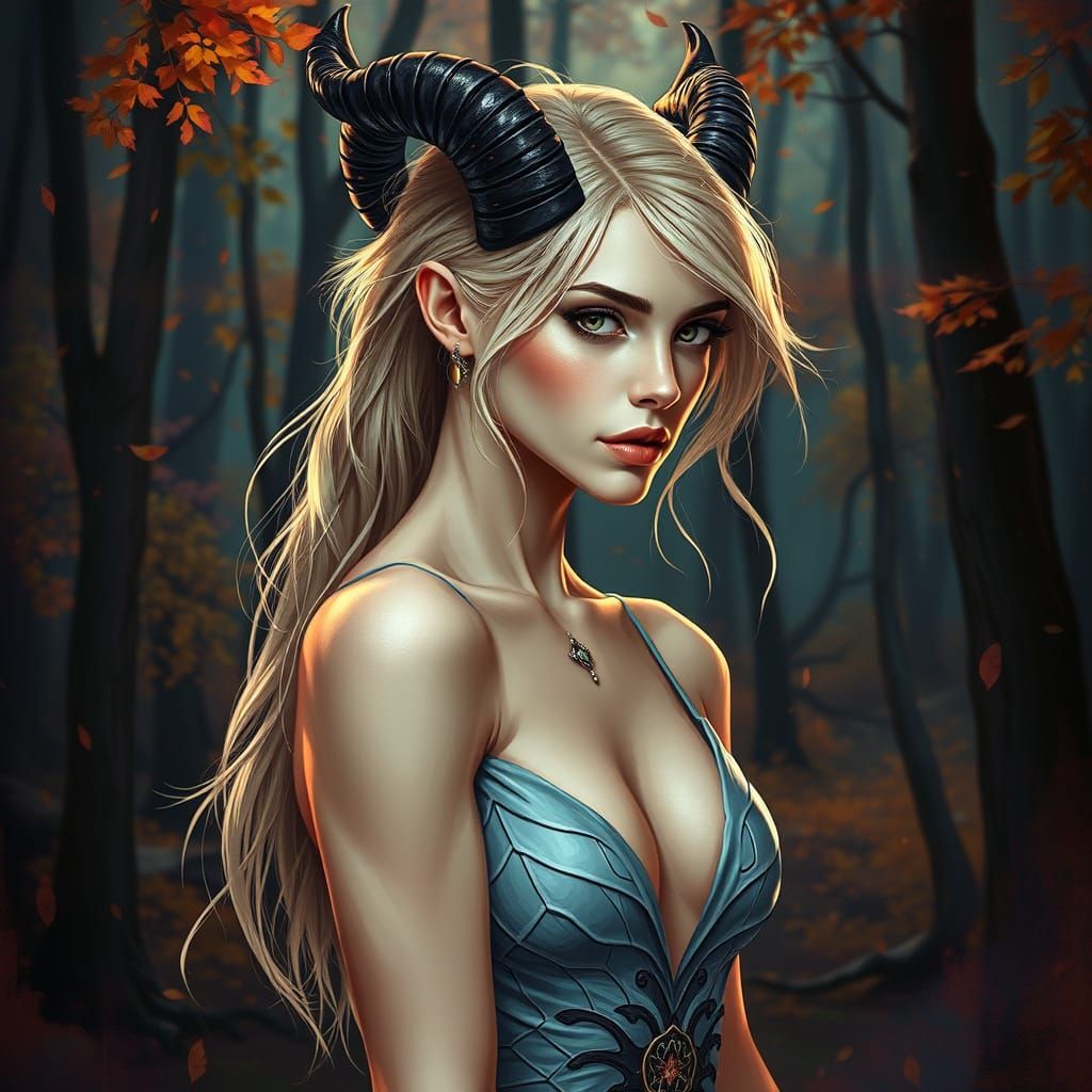 Ethereal Horned Woman in Mystical Forest
