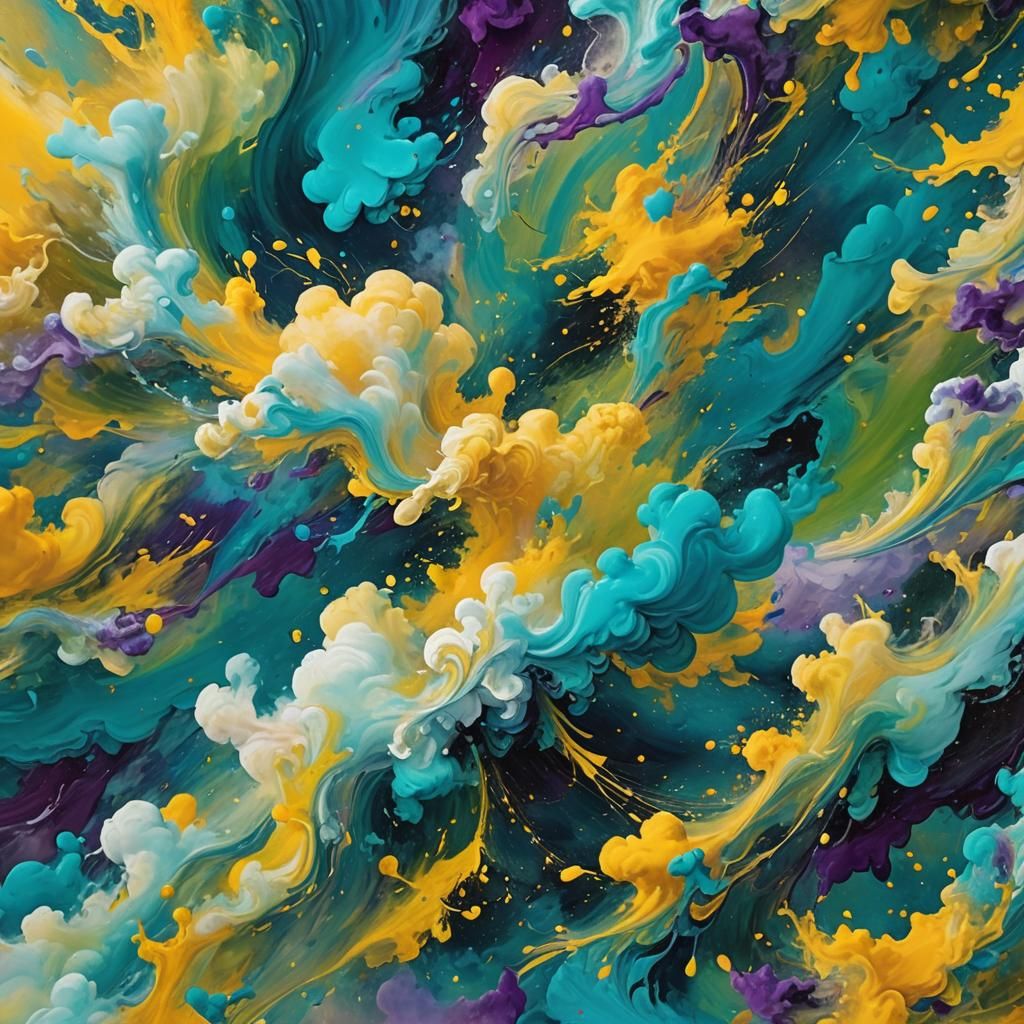 Abstract Expressionism with Swirling Clouds in Yellow and Bl...