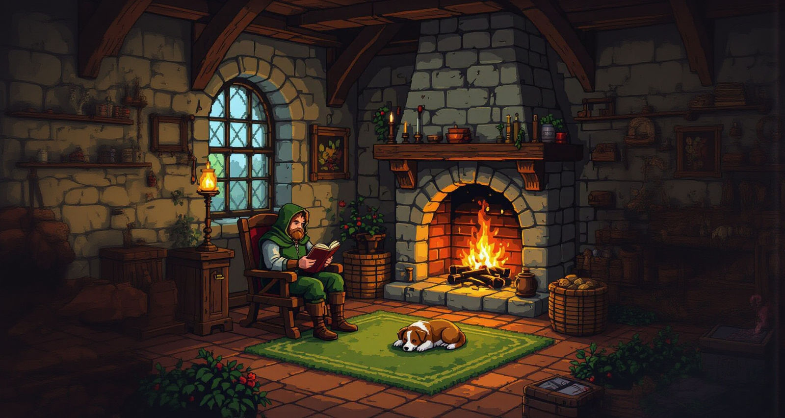 16-Bit Pixel Art: Tired Traveler Reads in Medieval Home